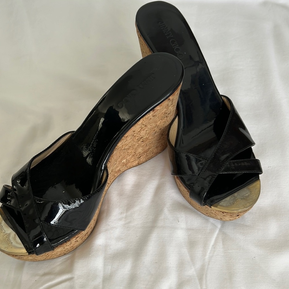 Jimmy Choo Prima black patent leather wedge sandals/ size 38.5